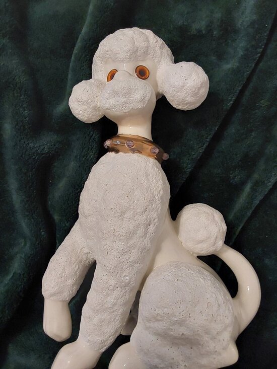 CERAMIC POODLE Other - Vintage 1950s Ceramic Poodle Figurine 11 Inch Dog Statue, Rhinestone Collar, Mid